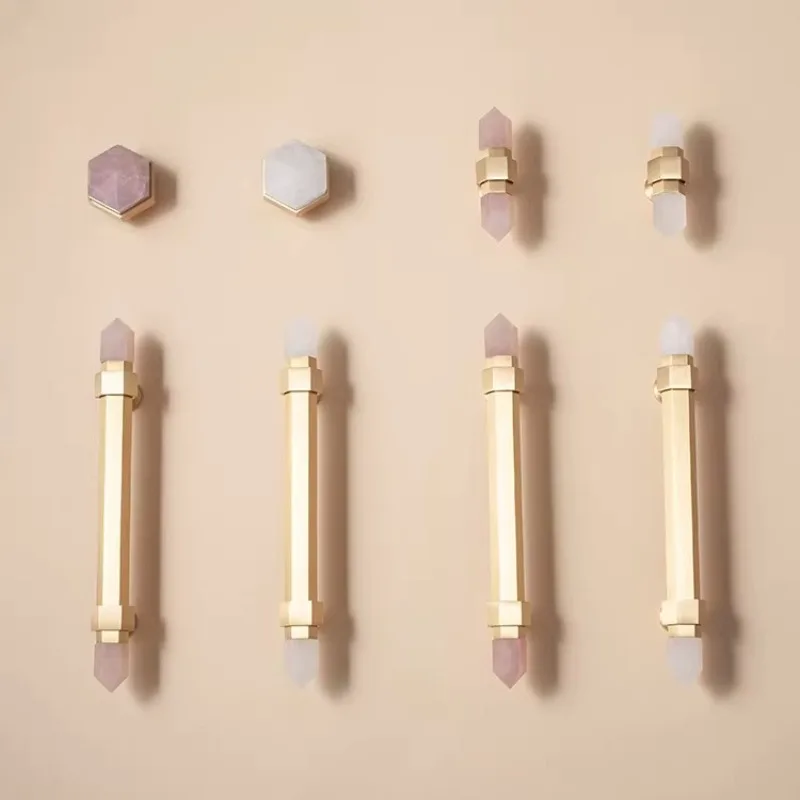 Furniture Hardware High End - 天然水晶六角形ハードウェアハンドル北欧キャビネットワードローブドアライト高級高級純真鍮キッチン引き出しロングプル