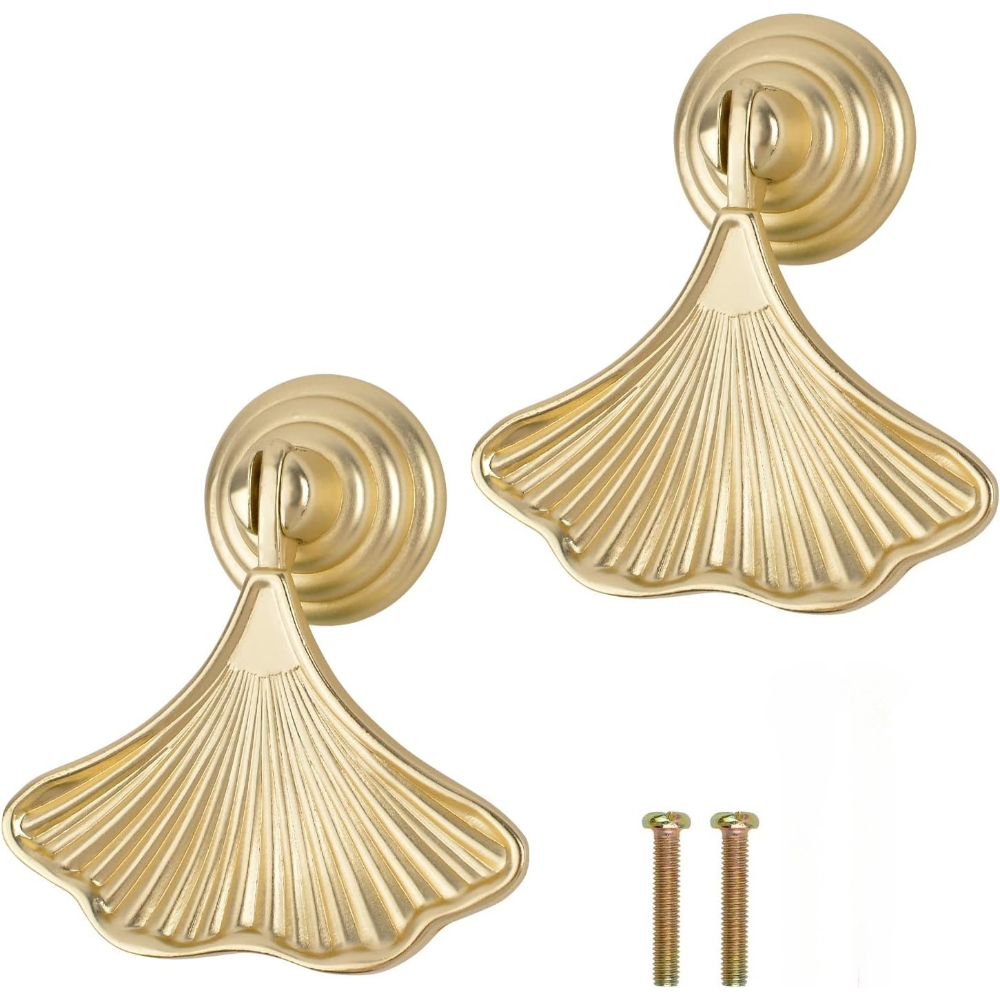 Furniture Hardware Drop Pulls - 2パックのイチョウの葉の形をしたノブハンドル、ゴールドドロップペンダントプルハンドル、ハードウェア引き出し用単穴彫刻模様ハンドル