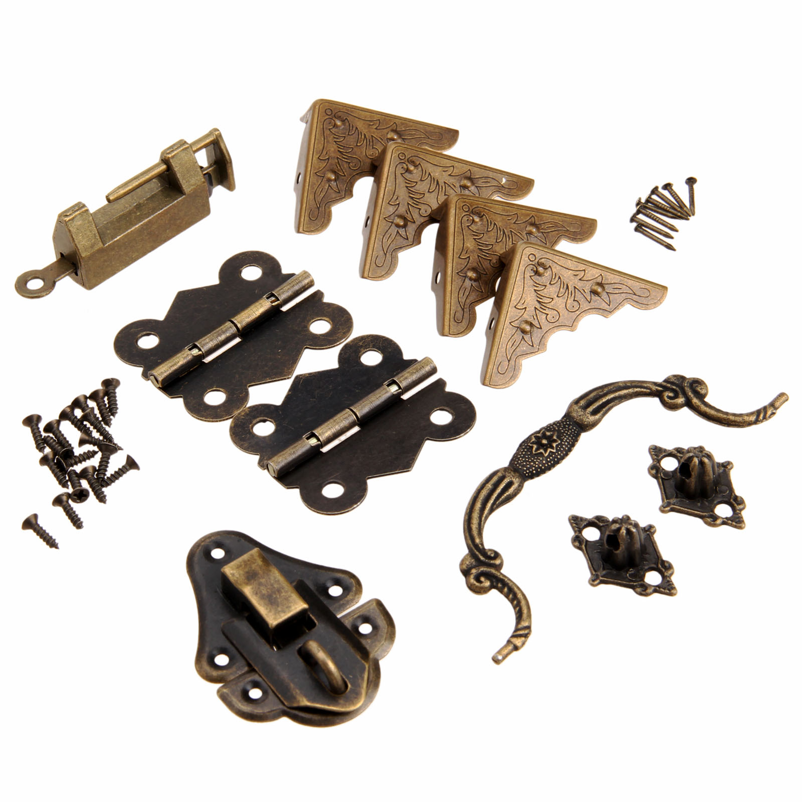 Furniture Hardware Pulls - 9ピース/セット家具継手中国真鍮ハードウェアアンティーク木製ボックスラッチマスププルハンドルヒンジコーナープロテクター古いロック